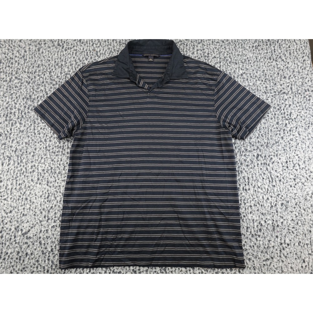 Banana Republic Polo Shirt Mens L Navy Blue Grey Striped Cotton Short Sleeve